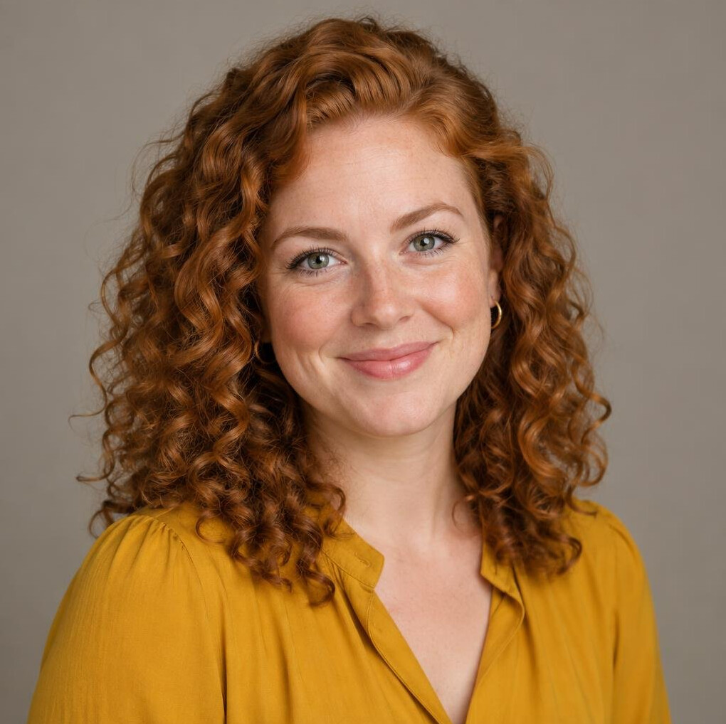 Portrait of a young Danish female editor with curly hair