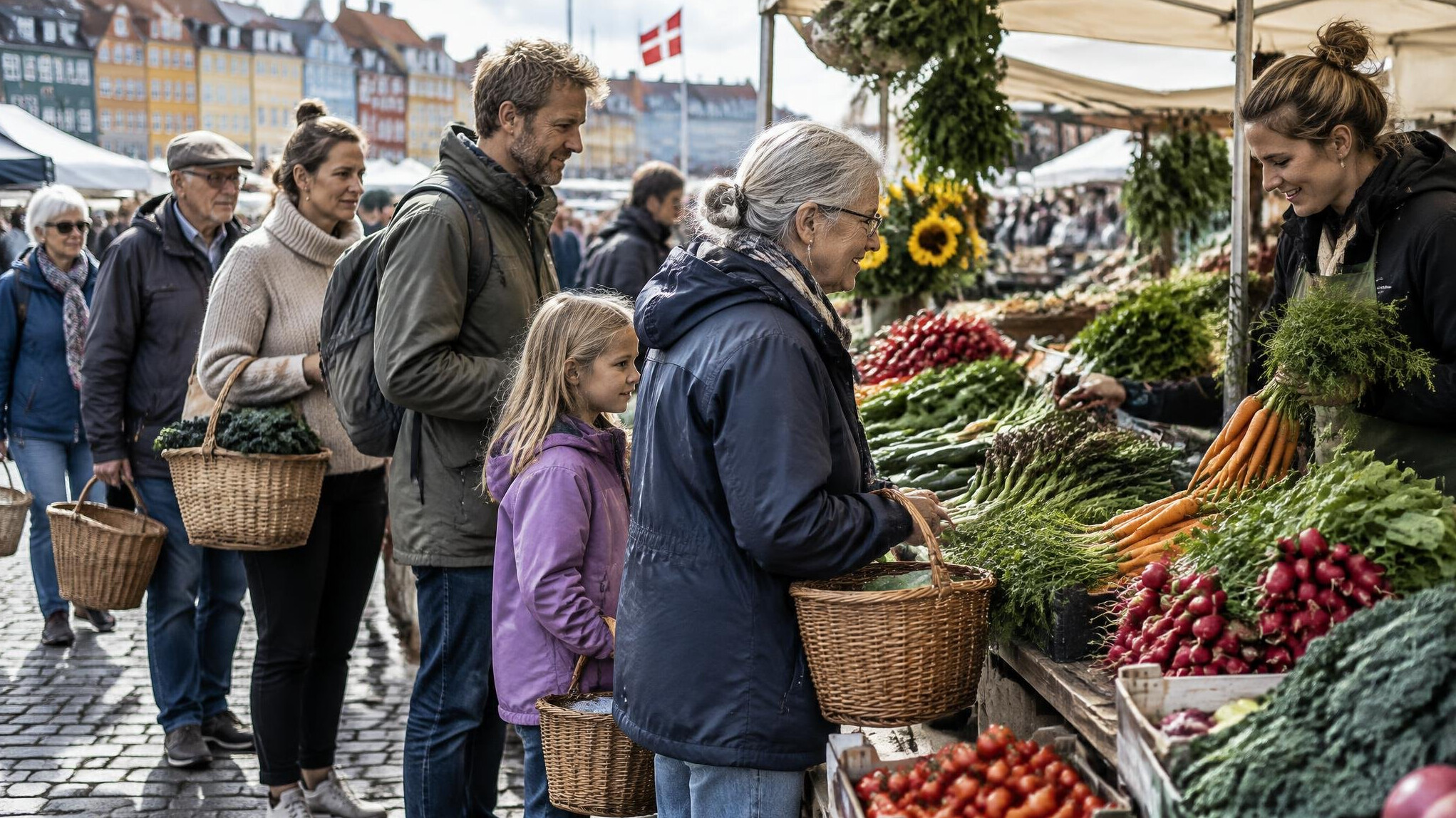 Shoppers queuing at a Saturday outdoor market stall in Denmark