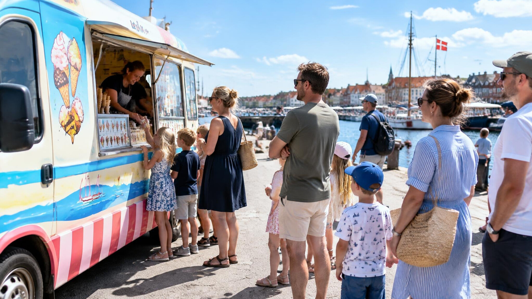Children and families queuing at an ice cream van in Denmark during summer