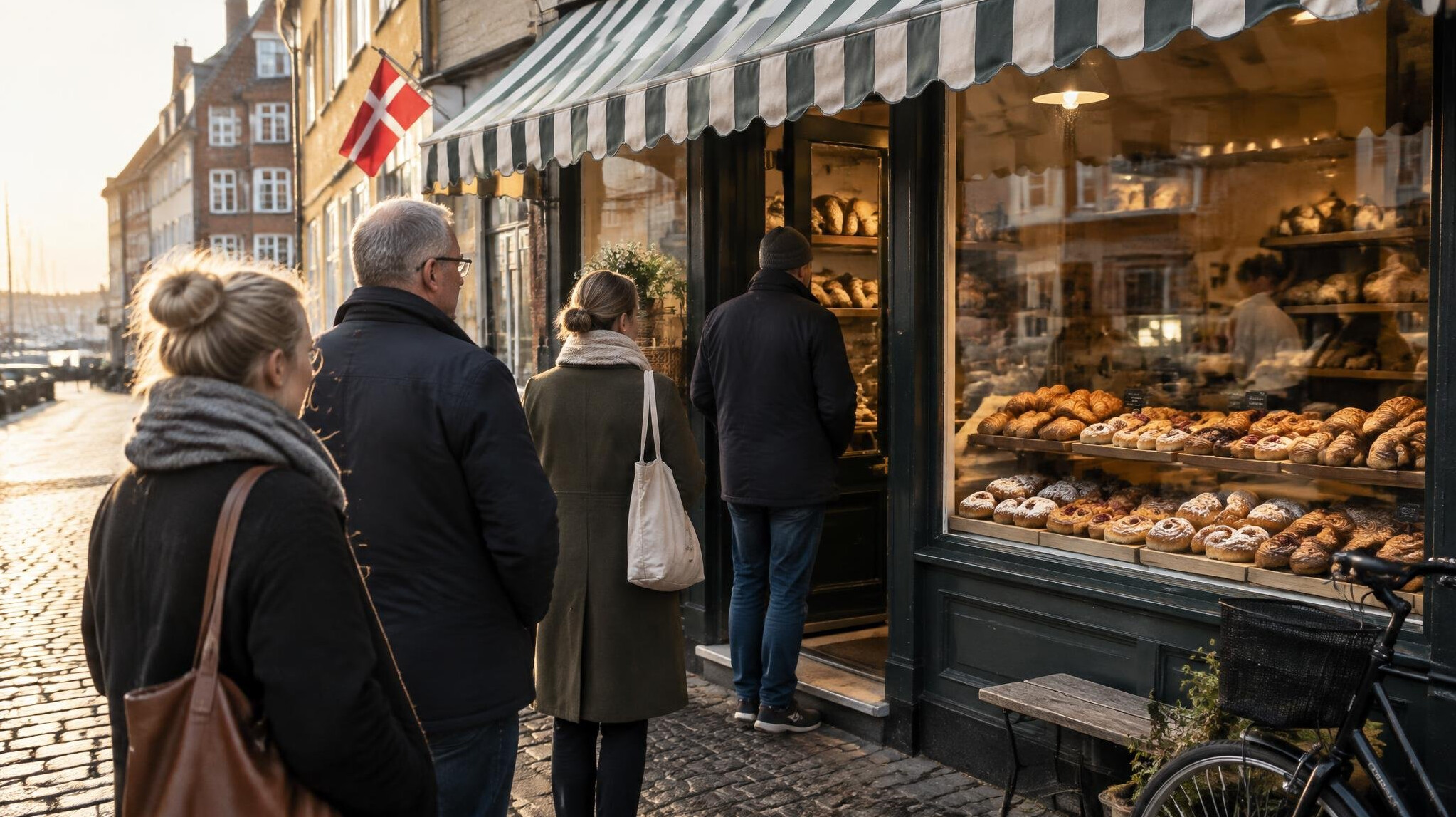 Queue of people outside a traditional Danish bakery early in the morning