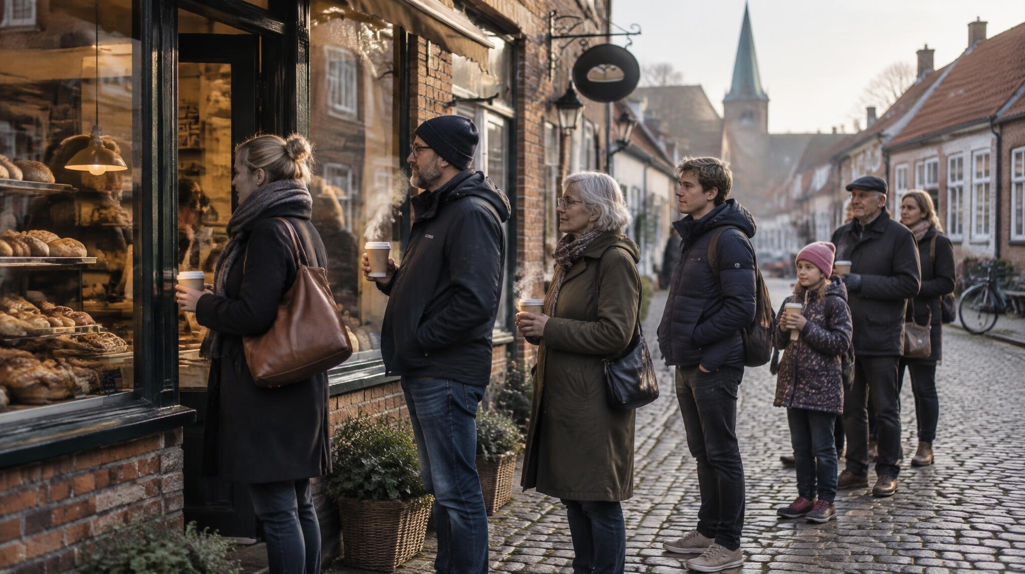 People queuing outside a small bakery on a cobblestone street in Denmark in the morning